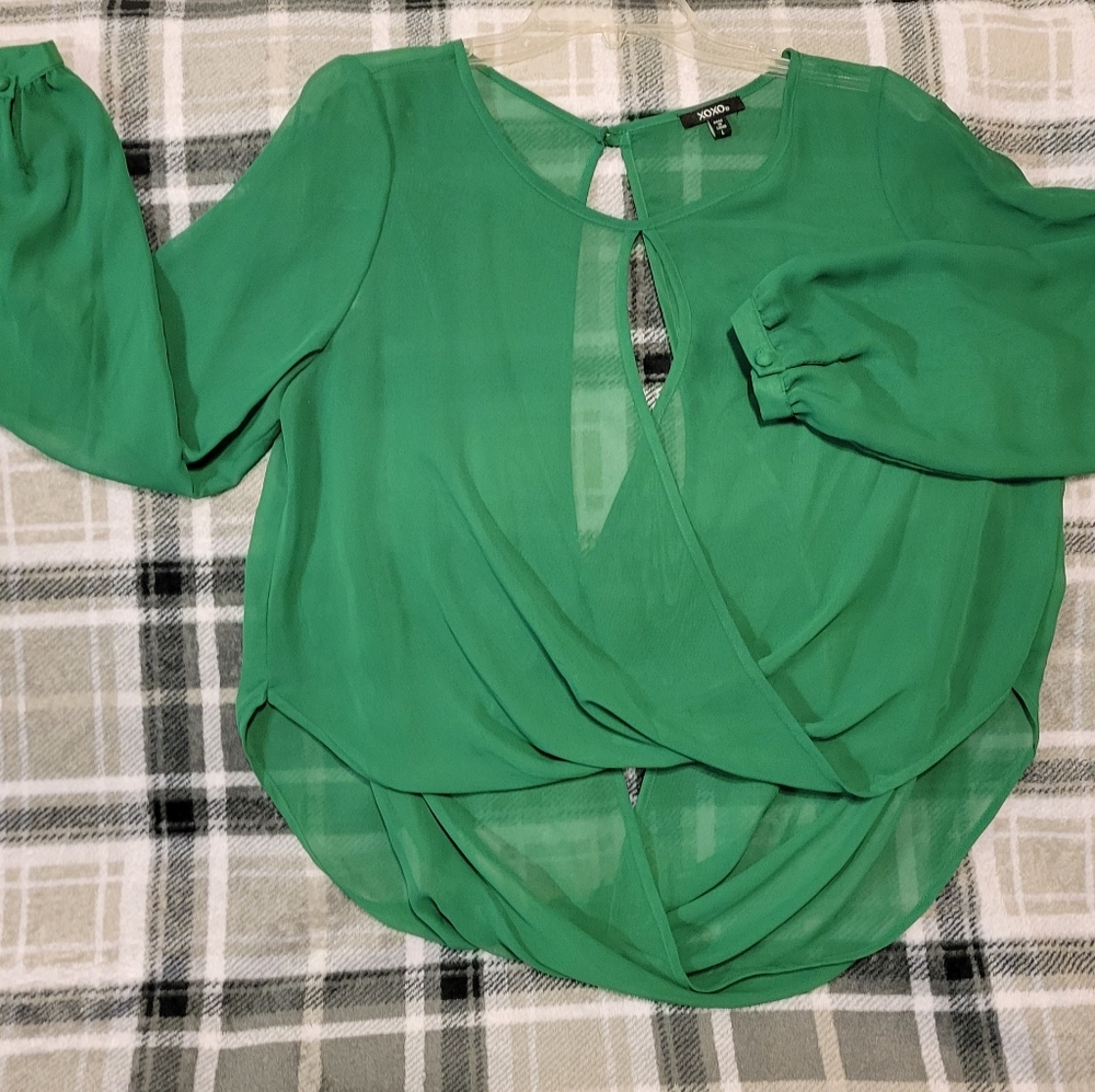 XOXO blouse, large, green/sheer
